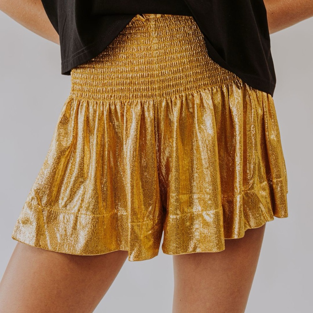QUEEN OF SPARKLES All the Glory gold metallic shorts